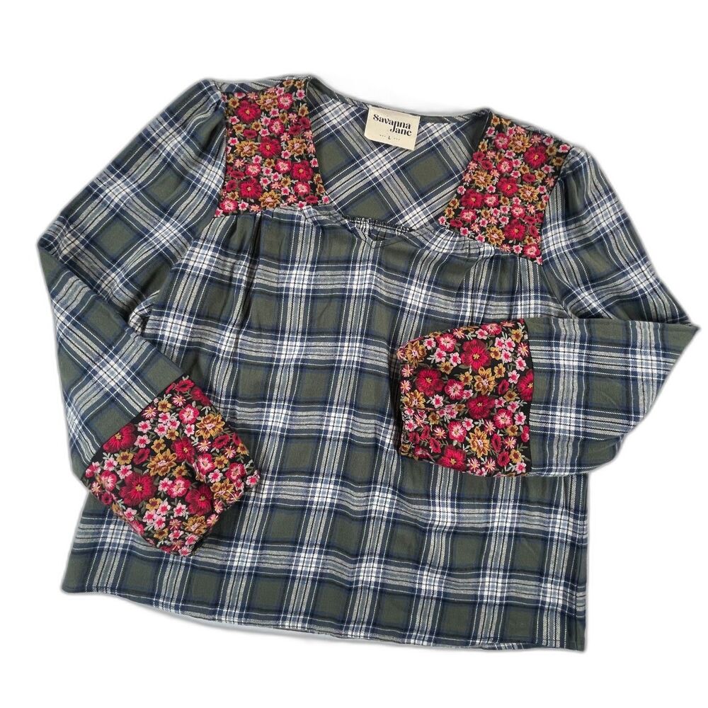 Savanna Jane Plaid Floral Embroidered Peasant Blouse L Green Cottagecore Boho
